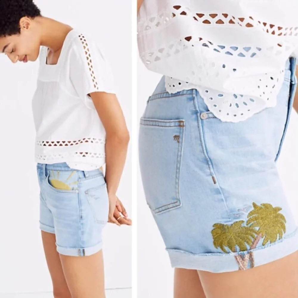 MADEWELL- High-Rise Denim Shorts: Sun Embroidered Edition Raw Edge